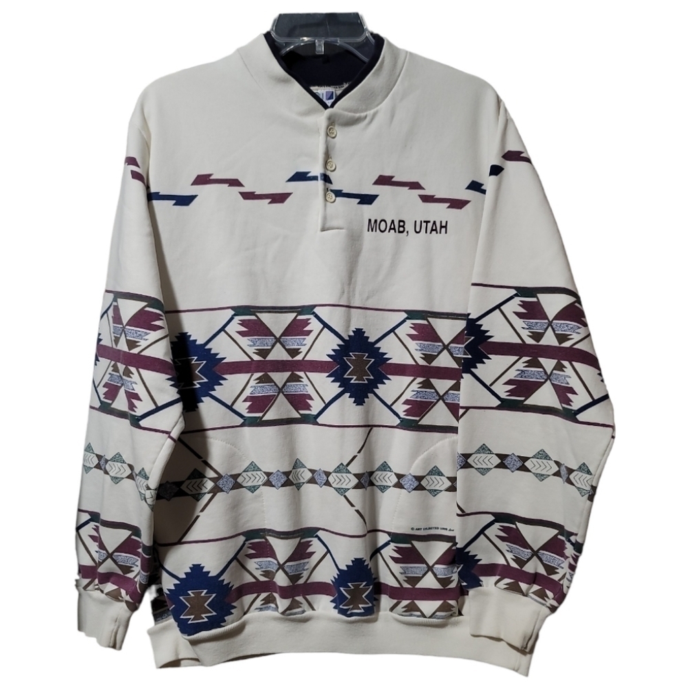 Vintage 1992 AU Moab Utah Aztec Southwest Style Printed Sweatshirt Large USA